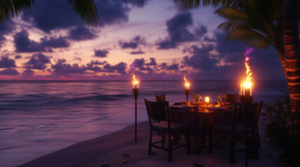 Fototapeta premium Romantic candlelit dinner setup on the beach under the twilight sky