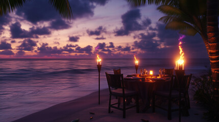 Fototapeta premium Beachside dinner setup with candles and ocean view during sunset