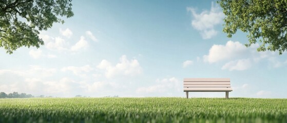 Obraz premium A peaceful park bench under a bright sky with fluffy clouds and green grass during a sunny day