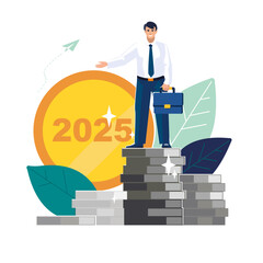 2025. Happy New Year. Businessman points his hand to a golden penny with the numbers 2025. Business finance, presentation. Profit of silver coins. Investments in capital management.Vector illustration