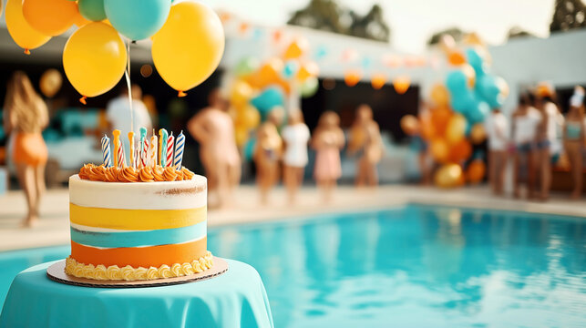 Festive outdoor pool party with a colorful birthday cake on a table, decorated with candles and surrounded by balloons, with guests in the background.