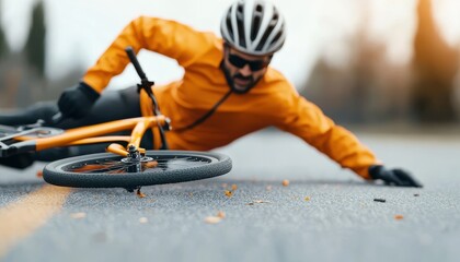 Cyclist falling off bike after collision, accident on a busy street, 3D illustration