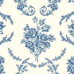 Toile de jouy pattern. Vector floral seamless pattern with roses in blue color.
