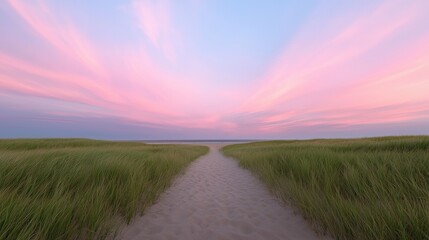 A long grassy field with a path leading through it