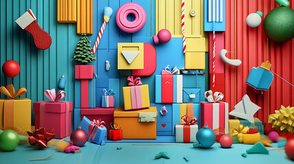 A colorful digital collage of shopping items like gift boxes, price tags, and holiday-themed props with creative typography Highlighting the beauty of imperfections f/1.4 wide aperture Centered 