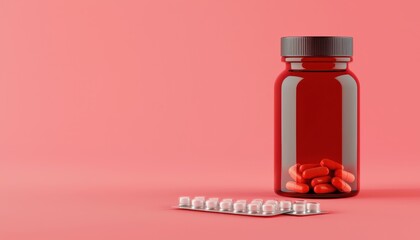 Bottle of ibuprofen with blister packs, anti-inflammatory medicine, 3D illustration