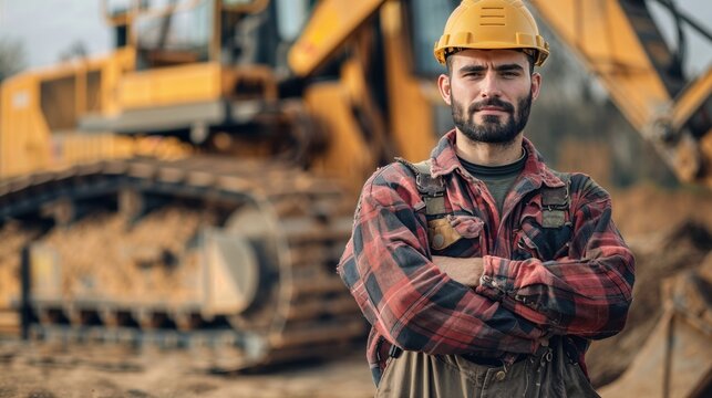 Confident construction worker in a safety helmet and flannel shirt standing on a construction site with heavy machinery in the background. Ideal for industry and labor themes