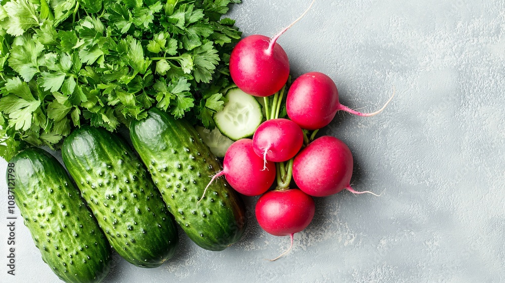 Aufkleber Close-up of fresh cucumbers and radishes paired with a bunch of flat-leaf parsley displayed on a clean white background with side empty space for text Stockphoto style
