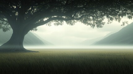 Fototapeta premium A large tree stands in a field with mountains in the background