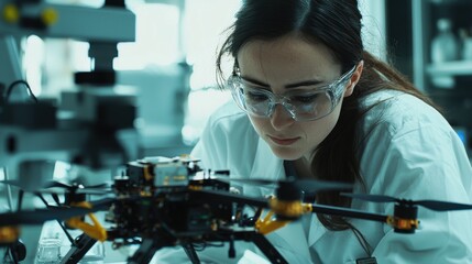 Female engineer testing AI in autonomous drone surrounded by complex tech tools in clean lab detailed focus on software and hardware integration robotics environment precision