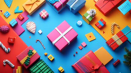 A colorful digital collage of shopping items like gift boxes, price tags, and holiday-themed props with creative typography Highlighting the beauty of imperfections f/1.4 wide aperture Centered 