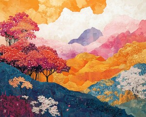 Vibrant cartoon landscape in four colors, whimsical scenery, playful design, imaginative elements, bright and cheerful atmosphere