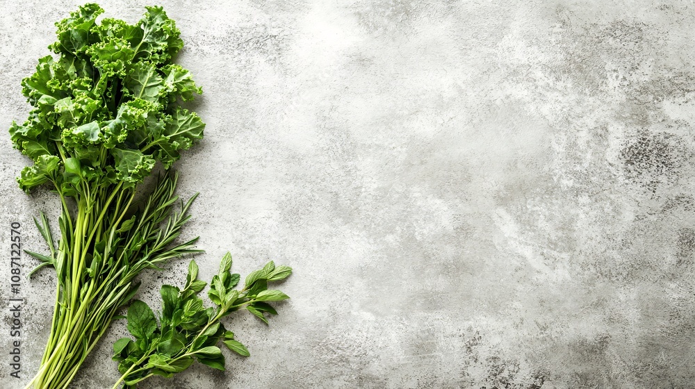 Poster a bunch of fresh kale leaves with sprigs of tarragon and mint arranged naturally on a minimalist whi