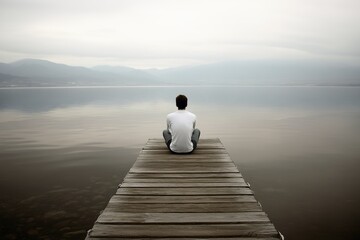 Man sitting on a dock looking out at the vast empty ocean.