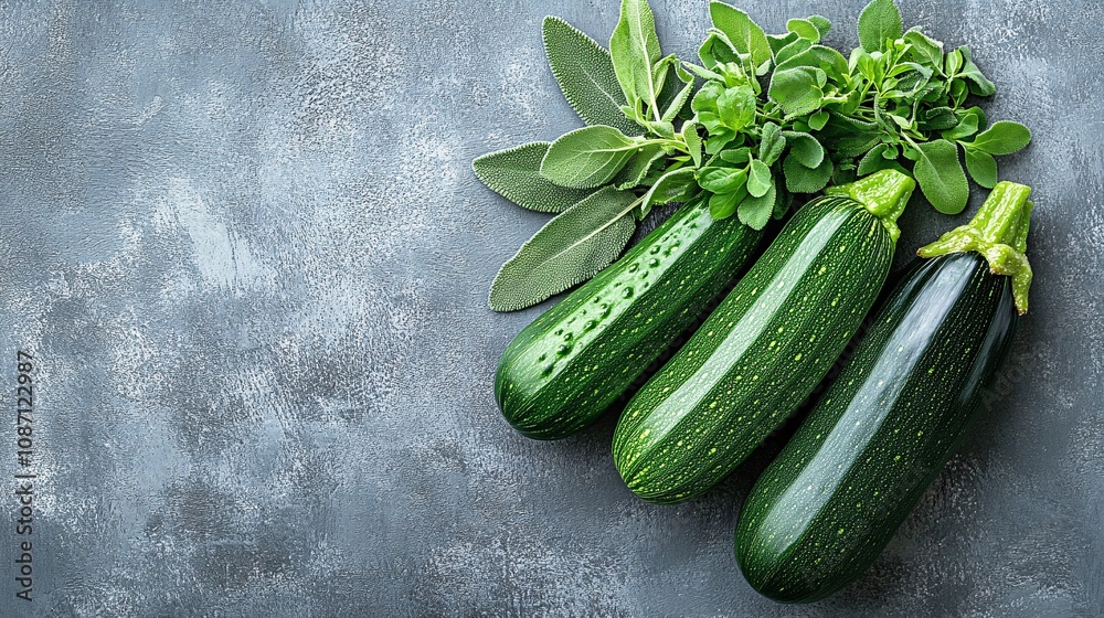 Aufkleber Fresh zucchini and eggplants paired with sprigs of sage and marjoram on a neutral-toned background with side empty space for text Stockphoto style