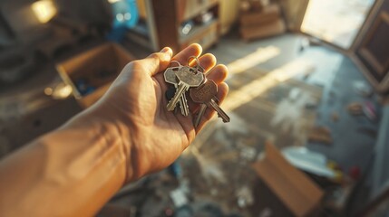 Obraz premium A hand holding house keys against a blurred backdrop of a sunny, messy room. A symbolic image of new beginnings, moving, or real estate concepts