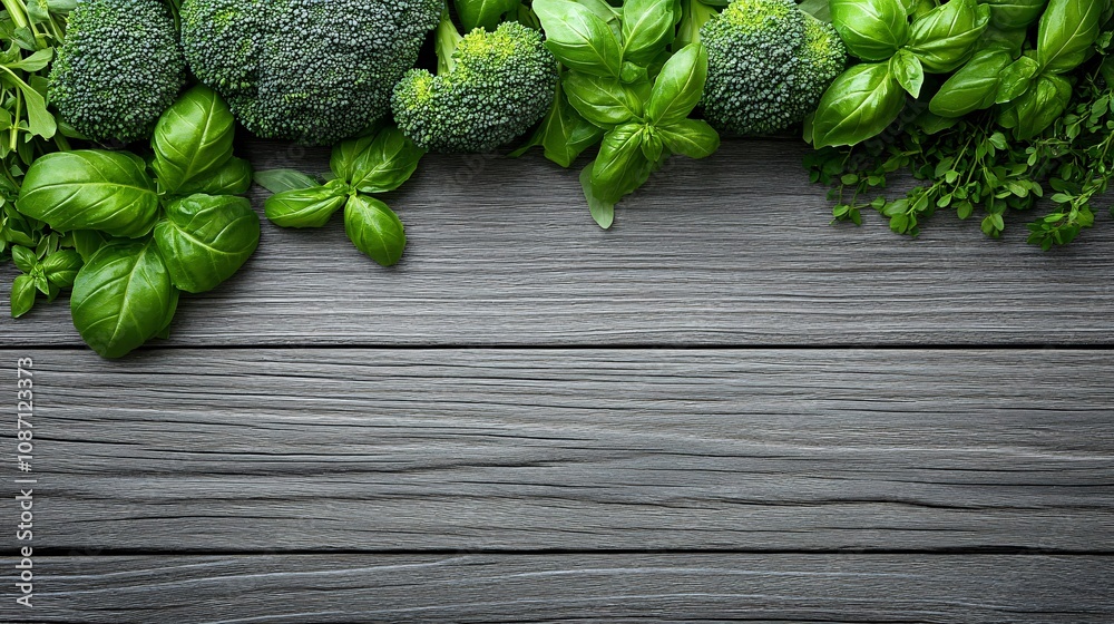 Poster Bright green broccoli florets accompanied by fresh basil and thyme sprigs spread out neatly on a light wooden board with side empty space for text Stockphoto style