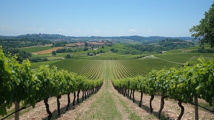 Fototapeta premium A breathtaking view of expansive, lush green vineyards stretching across the rolling hills under a clear blue sky in the heart of a picturesque wine region