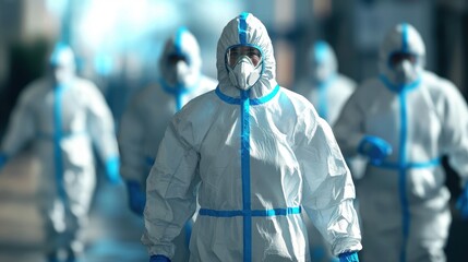 Medical team in hazmat suits disinfecting streets, epidemic control, 3D illustration