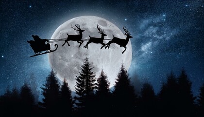Fototapeta premium A silhouette of reindeer flying with Santa Claus in a sleigh against a full moon and starry sky over a forest of pine trees 