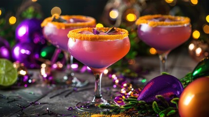 horizontal banner, Mardi Gras, elegant spicy citrus cocktails decorated with colorful confetti and beads, poster, background