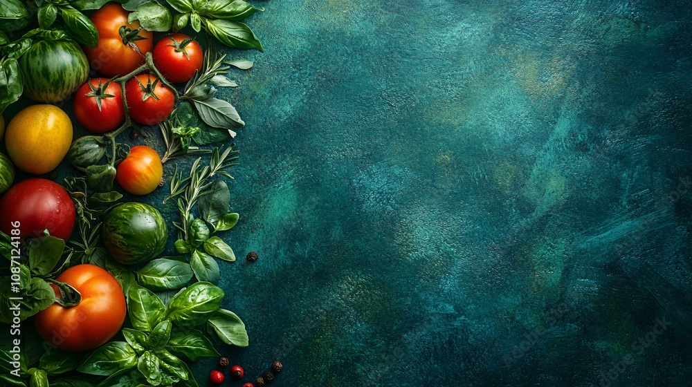 Poster an assortment of freshly picked tomatoes in various colors combined with fresh oregano and rosemary 
