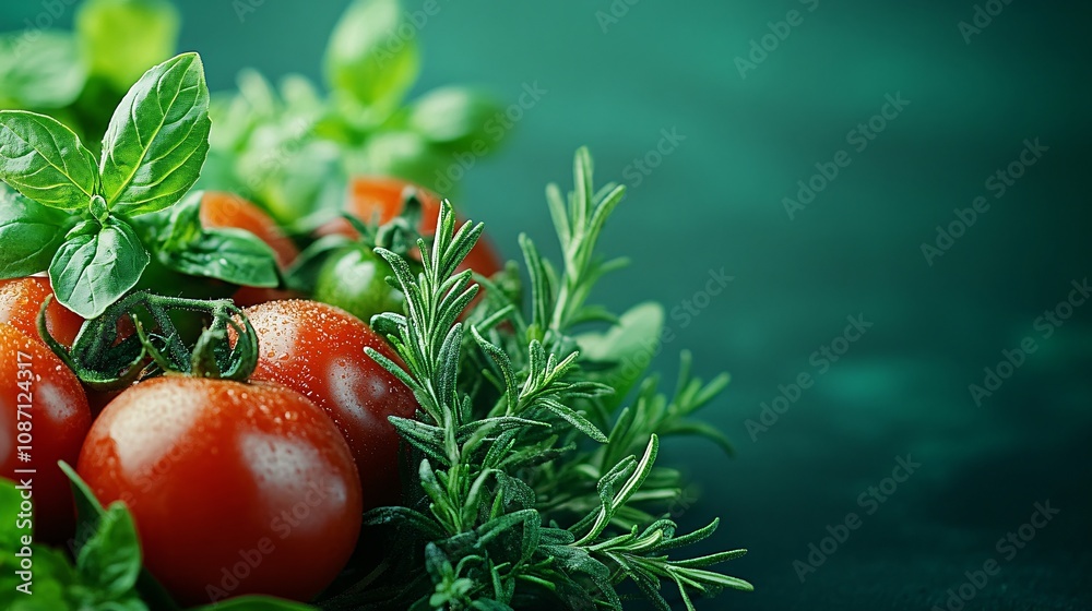 Poster An assortment of freshly picked tomatoes in various colors combined with fresh oregano and rosemary placed symmetrically with side empty space for text Stockphoto style