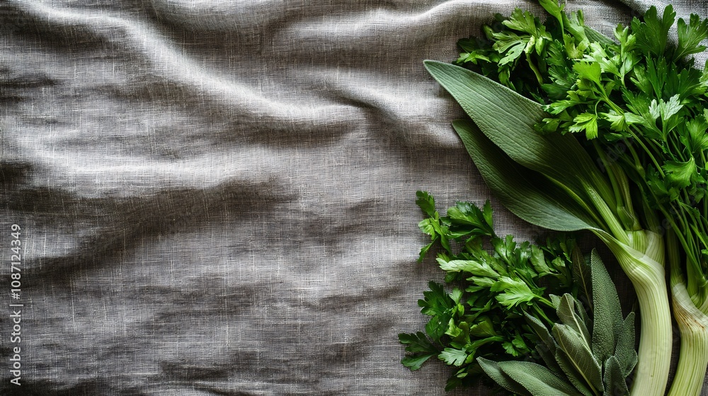 Poster fresh organic leeks arranged with sprigs of parsley and sage on a natural linen cloth background wit