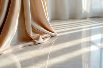 Radiant golden curtains meticulously drape onto a shining marble floor, capturing sunlight through glass windows, creating an atmosphere of warmth and elegant luxury.
