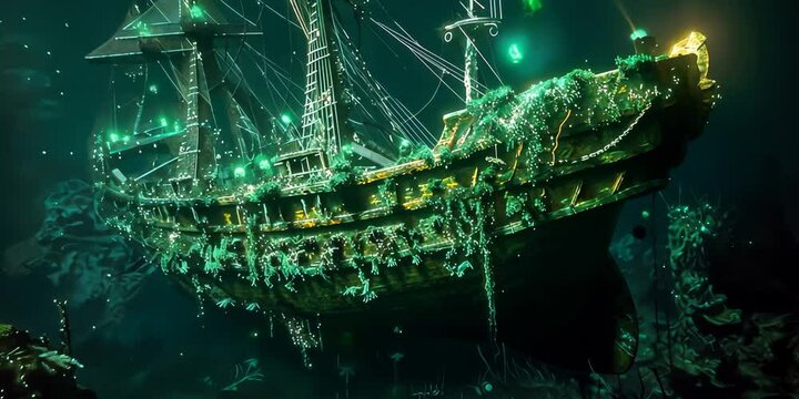 Spirit-infused clipper ship surfacing from the depths of a dark abyss, its hull adorned with bioluminescent organisms and mysterious runes, 4K Video