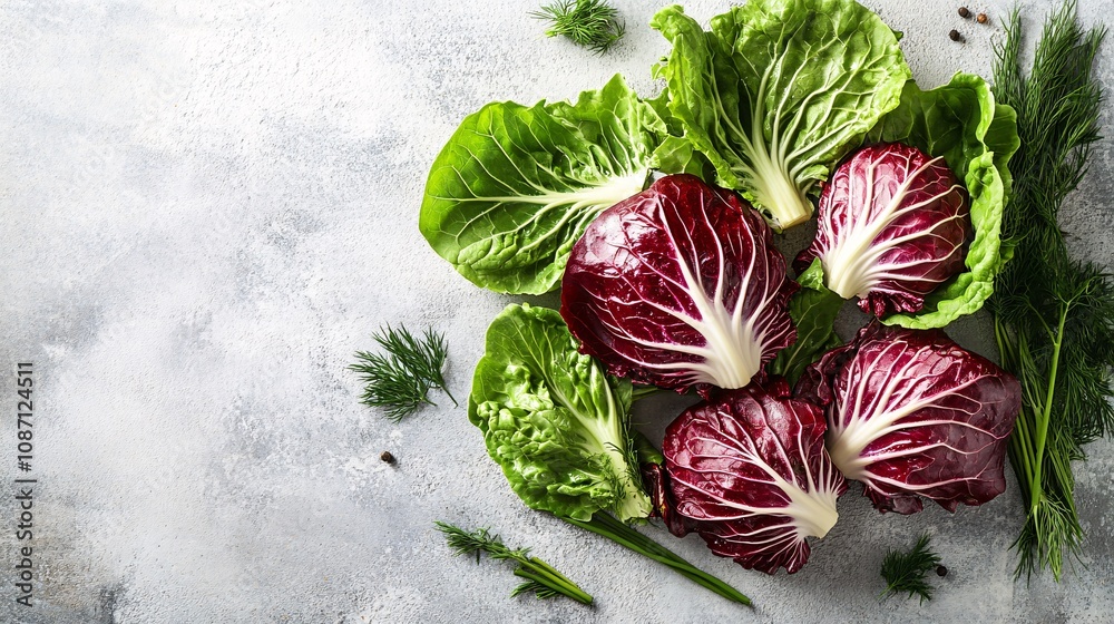 Aufkleber mixed organic radicchio and green lettuce leaves displayed with sprigs of chives and dill on a smoot