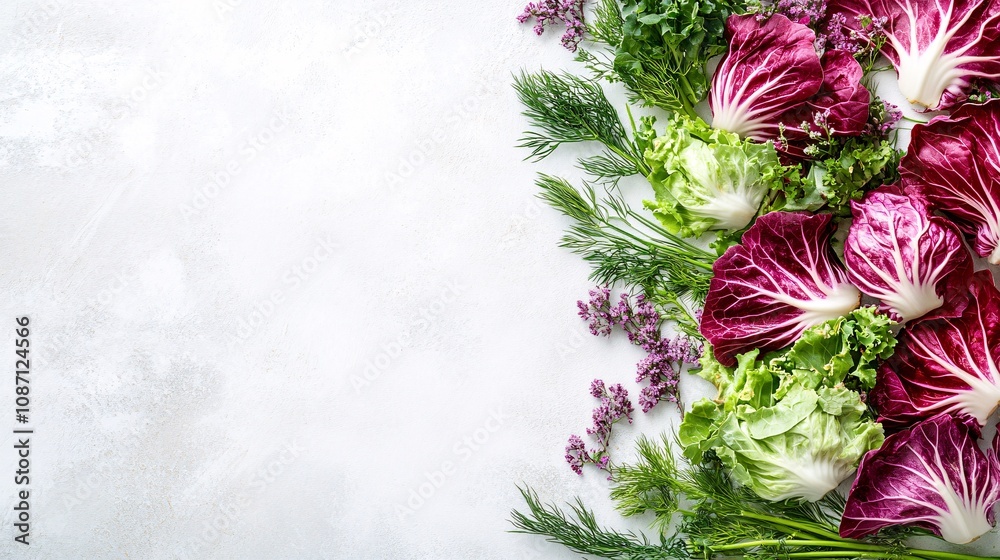 Poster Mixed organic radicchio and green lettuce leaves displayed with sprigs of chives and dill on a smooth white background with side empty space for text Stockphoto style