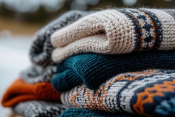Neatly stacked knitted wool garments showcasing a mix of vibrant colors and patterns, perfect for adding style and warmth in the colder seasons.