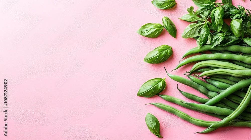 Poster Fresh green beans arranged neatly with sprigs of tarragon and basil on a pastel-colored surface with side empty space for text Stockphoto style