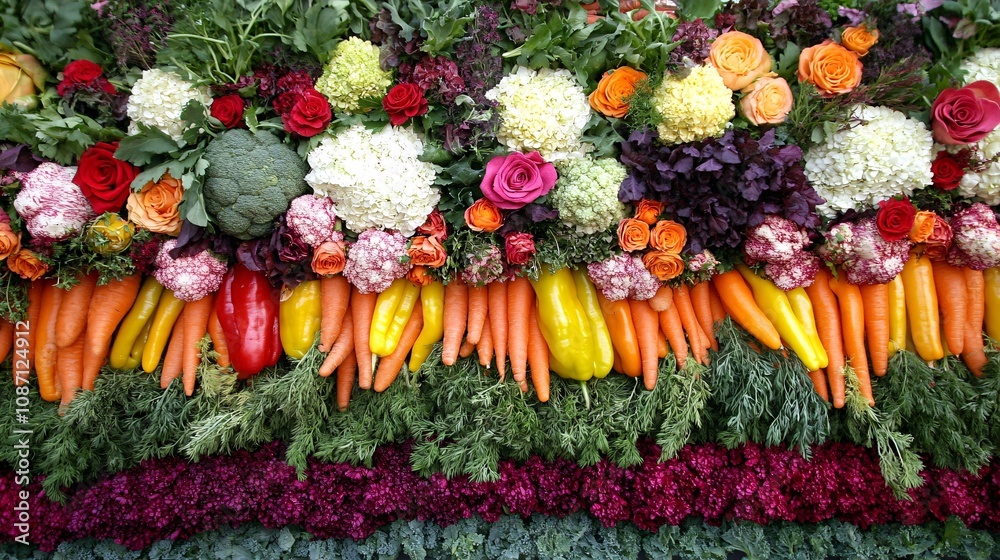 Poster a flat-lay of organic vegetables including carrots broccoli and bell peppers with clusters of fresh 