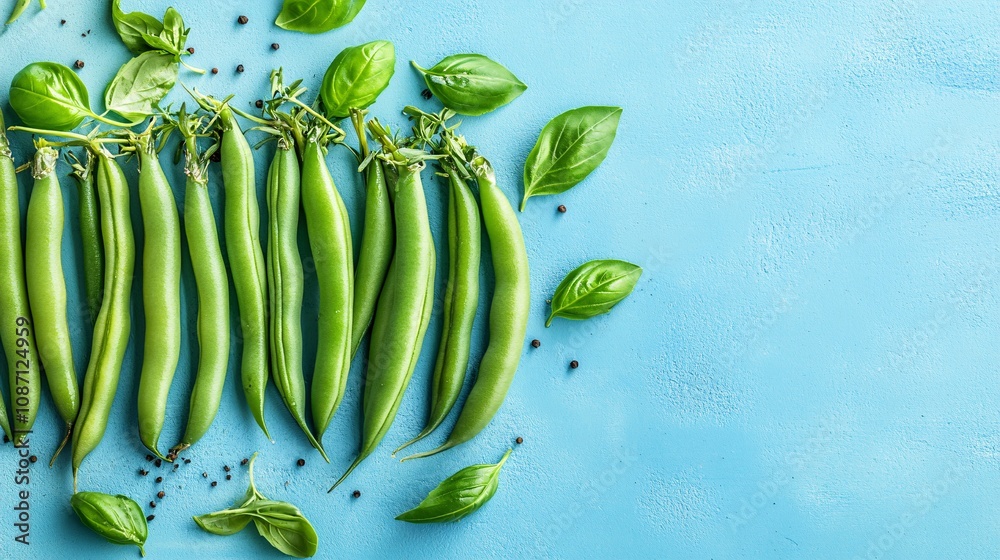 Poster fresh green beans arranged neatly with sprigs of tarragon and basil on a pastel-colored surface with
