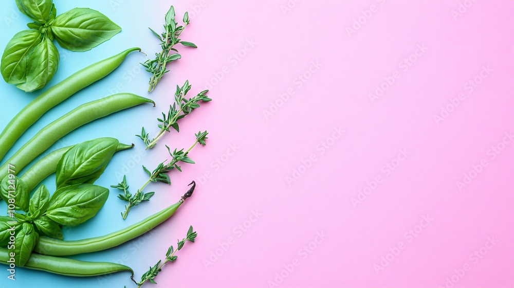 Poster Fresh green beans arranged neatly with sprigs of tarragon and basil on a pastel-colored surface with side empty space for text Stockphoto style
