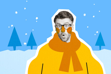 Image picture creative collage of amazed guy have walk on winter impressed frosty weather