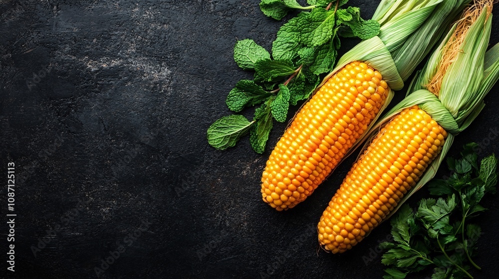 Aufkleber Organic corn on the cob with husks partially peeled back paired with sprigs of mint and cilantro placed in a diagonal arrangement with side empty space for text Stockphoto style