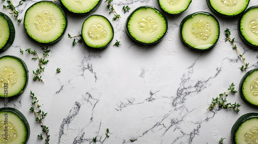 Poster close-up of freshly cut zucchini rounds with thyme sprigs scattered around on a white marble backgro