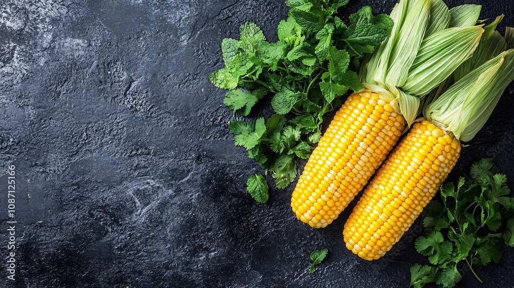 Poster Organic corn on the cob with husks partially peeled back paired with sprigs of mint and cilantro placed in a diagonal arrangement with side empty space for text Stockphoto style