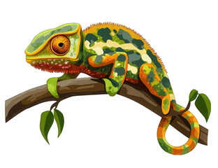Chameleon on a branch, full body shot, isolated on a cutout PNG white background