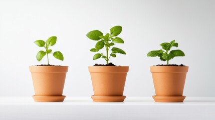 Three potted plants are lined up on a shelf, each one a different size