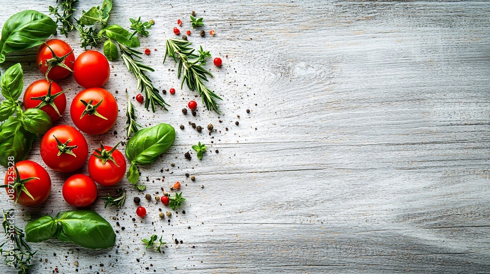 Aufkleber an elegant display of heirloom tomatoes with bunches of oregano and rosemary scattered around on a l