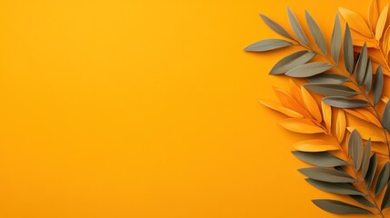 Vibrant orange background with green and orange leaves arrangement.