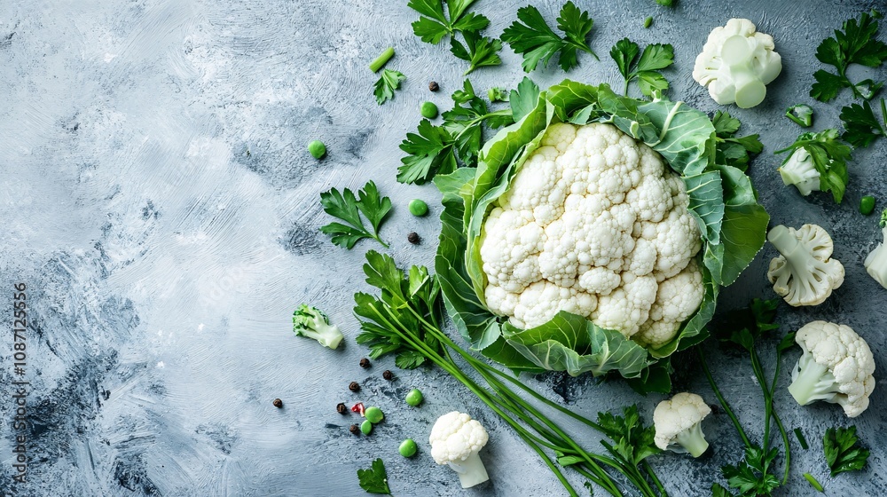 Poster fresh organic cauliflower head surrounded by sprigs of parsley and chives arranged naturally on a te
