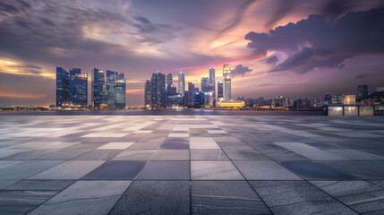 Obraz premium Empty square floor with city skyline background, Modern urban symphony, dynamic cityscape vista