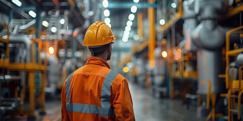 Obraz premium Worker in Orange Safety Suit Observes Industrial Plant's Machinery and Processes