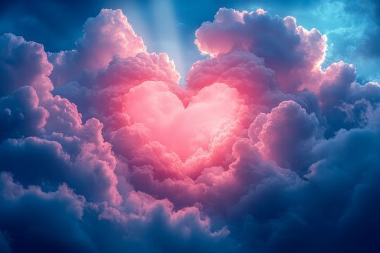 Glowing heart in the sky among dreamy clouds &ndash; romantic fantasy background for Valentine&rsquo;s Day or love concept