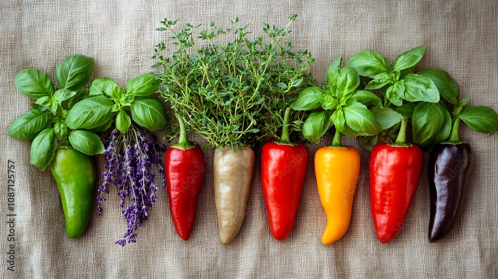 Poster An assortment of vibrant chili peppers with clusters of basil and thyme placed casually on a neutral fabric background with side empty space for text Stockphoto style